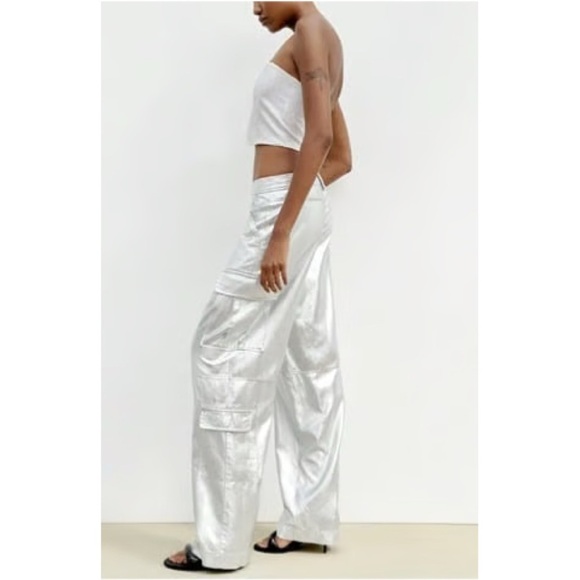 NEW Zara Silver Metallic Wide Leg Cargo Pants Luxe High Rise Utility - Picture 2 of 10